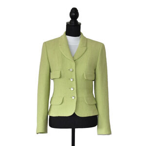 F0 Auth CHANEL BOUTIQUE 95C Lime Green Tweed Flaps Mirror Buttons Jacket Size 38